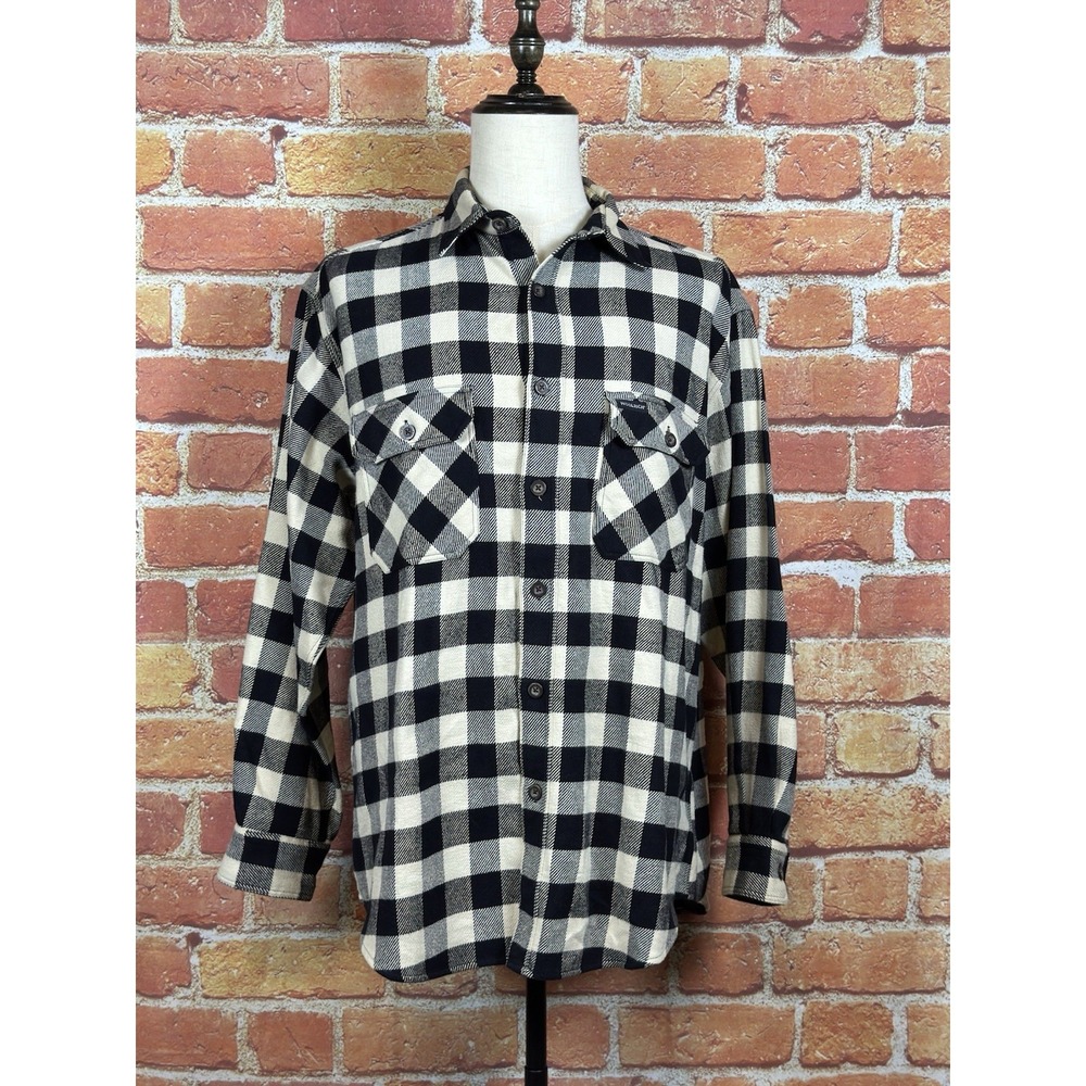 Woolrich Men's‎ Large Flannel Shirt Coat Buffalo Plaid Double Layer Cream Black
